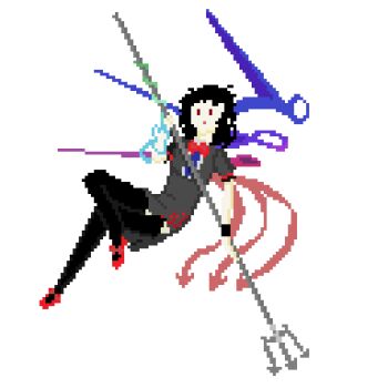 1girl 8-bit asymmetrical_wings black_dress black_hair black_thighhighs blue_wings bow bowtie dress female_focus footwear_bow houjuu_nue polearm red_bow red_eyes red_shoes red_wings shoes short_hair solo thighhighs touhou trident weapon wings