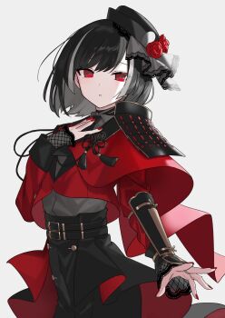 1boy armor bad_link black_hair black_hat chorefuji commentary_request eyelashes flower grey_hair hair_ornament hair_ribbon hand_up hat highres japanese_armor kyogoku_masamune long_sleeves looking_at_viewer male_focus multicolored_hair necktie parted_lips red_eyes red_flower red_nails red_rose ribbon rose shirt short_hair shoulder_armor simple_background sode solo touken_ranbu trap