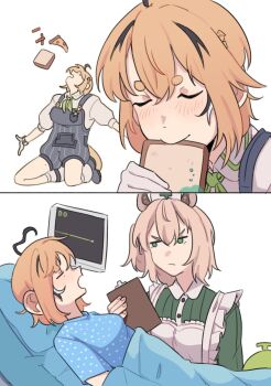 addendium ahoge animal_ears apron bed blonde_hair blue_overalls bread cardiogram clipboard dooby dress food gloves green_eyes hair_between_eyes hat highres holding holding_clipboard hospital_bed indie_virtual_youtuber mold multiple_girls nimi_nightmare nimi_nightmare_(tapir) nurse_cap overalls short_hair simple_background tapir_ears tapir_girl virtual_youtuber white_apron white_background white_gloves