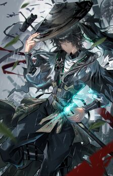1boy absurdres arm_armor black_hair black_pants cloak commentary_request grey_eyes hair_between_eyes highres holding holding_sword holding_weapon long_hair male_focus moon outdoors pants ponytail qiuyuan_(wuthering_waves) rain soare_lucien solo sword weapon white_cloak wuthering_waves