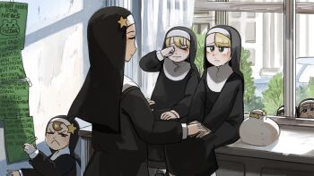 6+girls bird black_hair blonde_hair brown_eyes brown_hair chicken closed_eyes clumsy_nun_(diva) commentary crying crying_with_eyes_open diva_(hyxpk) duck english_commentary froggy_nun_(diva) grey_hair highres holding holding_pencil little_nuns_(diva) multiple_girls note nun one_eye_closed pencil sitting spicy_nun_(diva) star_nun_(diva) star_ornament tears traditional_nun window wiping_tears yellow_eyes