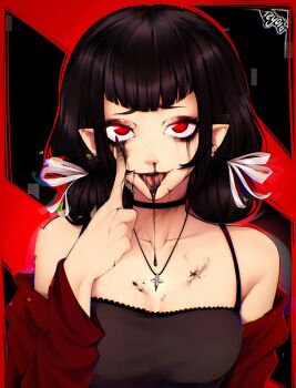 1girl bare_shoulders black_blood black_choker black_hair black_shirt blood blood_from_mouth blood_on_chest blood_on_tongue breasts choker collarbone commentary ear_piercing english_commentary freckles glitch hand_up highres index_finger_raised jacket jacket_partially_removed jewelry looking_at_viewer makeup necklace nosebleed open_mouth original piercing pointy_ears red_background red_eyes red_jacket runny_makeup shirt short_hair smile solo straight-on teyoid tongue tongue_out upper_body