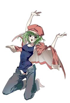 1girl armpits arms_up bakemonogatari barefoot bloomers breasts covered_navel feet floating floating_hair full_body green_hair hat highres jumping looking_at_viewer medium_hair monogatari_(series) narrow_waist one-piece_swimsuit open_fly open_mouth school_swimsuit sengoku_nadeko simple_background small_breasts solo swimsuit teeth unbuttoned underwear upper_teeth_only white_background yang_gallae