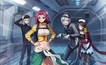 2boys 2girls blonde_hair blue_eyes blue_hair breasts brown_eyes brown_hair code_geass code_geass:_fukkatsu_no_lelouch code_geass:_lost_stories code_geass_(manga) game_cg glasses highres kouzuki_kallen large_breasts lloyd_asplund looking_at_viewer maid multiple_boys multiple_girls non-web_source official_art red_hair schnee_hexenhaus shinozaki_sayoko short_hair