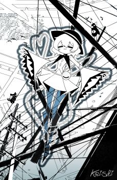 1girl :3 absurdres bird cat character_name closed_eyes cocokana commentary full_body hat hat_ribbon highres kaenbyou_rin kaenbyou_rin_(cat) komeiji_koishi long_sleeves reiuji_utsuho reiuji_utsuho_(bird) ribbon short_hair touhou utility_pole wide_sleeves