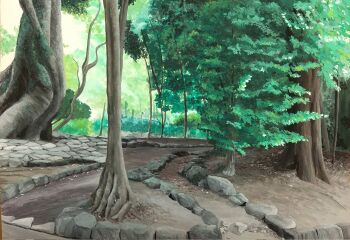 cobblestone commentary day forest harusa1107 highres nature no_humans original path plant pond road scenery shadow sunlight symbol-only_commentary tree water