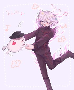 Rule 34 | 1boy, black boots, black hat, black jacket, black pants, boots, brain, burning, buttons, closed eyes, colored eyelashes, commentary, eyelashes, fire, gakuran, grey background, happy, happy aura, hat, heart, high collar, highres, jacket, knee boots, leg up, male focus, musical note, open mouth, pants, pink fire, school uniform, shion (hundred line), short hair, signature, sirei (hundred line), smile, sunodadada, symbol-only commentary, the hundred line -last defense academy-, translation request, white hair