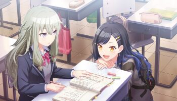 Rule 34 | 2girls, :d, backpack, bag, black hair, black jacket, blue hair, book, bow, bowtie, classroom, collared shirt, colorful palette, desk, earrings, game cg, gradient hair, green hair, grey sweater vest, hair between eyes, hair ornament, hairclip, highres, holding, holding pen, jacket, jewelry, kusanagi nene, low-tied sidelocks, multicolored hair, multiple girls, official art, open book, open mouth, orange eyes, pen, pouch, project sekai, purple eyes, red bow, red bowtie, saikou no crank up! (project sekai), shiraishi an, shirt, sidelocks, smile, star (symbol), star hair ornament, striped bow, striped bowtie, striped clothes, sweater vest, table, third-party source, tongue, white shirt