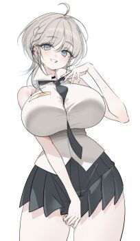 1girl absurdres ahoge animal_ears between_breasts black_necktie black_skirt blue_eyes bow braid breasts character_request collared_shirt copyright_request cowboy_shot ear_ribbon grey_hair hair_between_eyes hand_up highres huge_breasts looking_at_viewer medium_hair miniskirt na1tsu2me3 necktie necktie_between_breasts purple_ribbon ribbon shirt simple_background single_braid skirt skirt_tug sleeveless sleeveless_shirt smile solo taut_clothes taut_shirt white_background white_shirt
