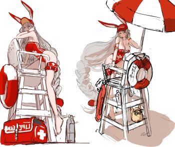 Rule 34 | 1girl, absurdres, animal ears, azur lane, breasts, cleavage, climbing, collarbone, covered navel, dishwasher1910, hair tie, hat, highres, large breasts, legs, lifeguard, long hair, looking at viewer, manjuu (azur lane), multiple views, one-piece swimsuit, pouch, prinz heinrich (azur lane), prinz heinrich (rabbit on watch) (azur lane), rabbit ears, red eyes, red headwear, red one-piece swimsuit, shaded face, sketch background, swimsuit, thigh pouch, thigh strap, thighs, unfinished, very long hair, white background, white hair