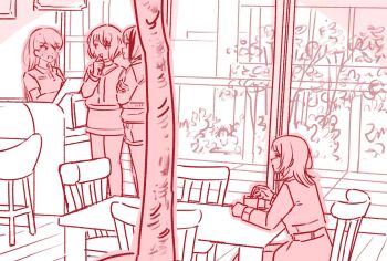 4girls aoba_moca bang_dream! bang_dream!_it&#039;s_mygo!!!!! blush cafe eoljukko highres indoors jacket long_hair mitake_ran monochrome multicolored_hair multiple_girls pink_theme shiina_taki sitting skirt smile standing streaked_hair sweat yahata_umiri