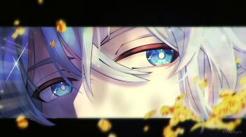 1boy absurdres blue_eyes commentary crossed_bangs eye_focus gold_blood hair_between_eyes highres honkai:_star_rail honkai_(series) letterboxed lolbyts male_focus outside_border phainon_(honkai:_star_rail) sidelighting sideways_glance solo twitter_username white_hair
