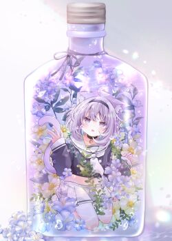 1girl :o ahoge animal_ear_fluff animal_ears black_choker bottle cat_ears cat_girl cat_tail choker flower hair_ornament highres hololive in_bottle in_container long_sleeves midriff mimori_(mim0_ri) nekomata_okayu nekomata_okayu_(school_uniform) official_alternate_costume open_mouth puffy_sleeves purple_eyes purple_hair school_uniform shirt simple_background skirt tail virtual_youtuber white_shirt
