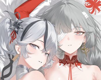 arm_up bandage_over_one_eye black_flower blake_bloom_(wuthering_waves) breasts camellya_(wuthering_waves) collarbone commentary cropped earrings flower gold_earrings grey_eyes hair_flower hair_ornament haku89 highres jewelry long_hair looking_at_viewer medium_breasts parted_lips phrolova_(wuthering_waves) red_pupils short_hair smile symbol-only_commentary unfinished wuthering_waves