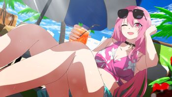 1girl ;d absurdres bare_arms bare_shoulders bendy_straw bikini black_choker blue_sky breasts chair choker cleavage cloud collarbone commission copyright_request cup day drink drinking_glass drinking_straw eyewear_on_head feet_out_of_frame floral_print hair_between_eyes hand_up highres holding holding_cup knees_up looking_at_viewer lounge_chair misaki_nonaka navel on_chair one_eye_closed open_mouth outdoors palm_tree pink_bikini pink_eyes pink_hair print_bikini sitting skeb_commission sky small_breasts smile solo sunglasses swimsuit tree