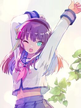 Rule 34 | 1girl, akayama yukihe, angel beats!, arms up, black hairband, blue sailor collar, blue skirt, blunt bangs, blunt ends, blush, bow, commentary request, cowboy shot, green bow, green eyes, hair bow, hairband, highres, long sleeves, looking at viewer, medium hair, midriff, miniskirt, nakamura yuri, navel, neckerchief, one eye closed, open mouth, pink neckerchief, pleated skirt, purple hair, sailor collar, shinda sekai sensen uniform, shirt, sidelighting, sidelocks, simple background, skirt, sleepy, solo, standing, straight hair, stretching, tears, white background, white shirt, yawning