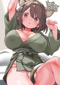 1girl :o alternate_breast_size_(larger) alternate_costume animal_ears blush breasts brown_eyes brown_hair cat_ears cat_girl cat_tail green_kimono highres indoors japanese_clothes kimono large_breasts looking_at_viewer luminous_witches panties puddinghomhom shibuya_inori short_hair simple_background sitting solo spread_legs tail underwear white_panties world_witches_series yukata