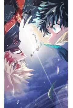 2boys all_might bakugou_katsuki blonde_hair blood blood_on_face boku_no_hero_academia border green_hair highres midoriya_izuku multiple_boys nao_(n_sai_ao) rain rotational_symmetry short_hair white_border