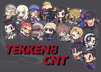 5girls 6+boys :< :3 animal ascot asymmetrical_gloves bandana beard black_coat black_eyes black_footwear black_gloves black_hair black_sclera black_socks blonde_hair blue_cape blue_eyes blue_gloves blue_headwear blue_pants blue_sweater blunt_bangs bow bracelet bright_pupils brown_bandana brown_coat brown_eyes brown_gloves brown_hair bryan_fury cape chibi claudio_serafino cleavage_cutout closed_mouth clothing_cutout coat colored_sclera copyright_name cracking_knuckles crossed_arms cyborg dark-skinned_male dark_skin dog dress emilie_de_rochefort facial_hair fighting_stance fingerless_gloves gloves goatee grey_background grey_facial_hair grey_hair grey_pants grin hairband hand_on_own_arm heterochromia hwoarang_(tekken) jack-8 jaguar_boy jewelry kazama_asuka kazama_jin kazama_jun kicking king_(tekken) knee_pads kotomaru_(kotokoto_kottan) lars_alexandersson leroy_smith ling_xiaoyu marshall_law mishima_kazuya mismatched_gloves multiple_boys multiple_girls mustache necklace necktie nina_williams outstretched_arm pants paul_phoenix pink_ascot purple_coat purple_dress purple_footwear purple_necktie red_eyes red_gloves red_necktie red_shirt ring salt_(tekken) scar scar_across_eye scar_on_chest scar_on_face shirt short_hair side_slit signature sleeve_bow smile socks solid_oval_eyes sugar_(tekken) sunglasses sweater tekken thick_eyebrows toothpick topless_male v-shaped_eyebrows white_bow white_coat white_dress white_gloves white_hairband white_pants white_pupils wrestler wrestling_outfit yellow_eyes