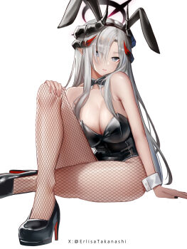 Rule 34 | 1girl, animal ear hairband, animal ears, bare arms, bare shoulders, black bow, black bowtie, black hairband, black halo, black leotard, black nails, black shoes, blue archive, blue eyes, bow, bowtie, breasts, cleavage, demon girl, demon horns, erlisa takanashi, fake animal ears, fishnet pantyhose, fishnets, grey hair, hair over one eye, hairband, halo, highres, horns, large breasts, leotard, long hair, looking at viewer, makoto (blue archive), pantyhose, playboy bunny, pointy ears, rabbit ear hairband, rabbit ears, shoes, sidelocks, solo, wrist cuffs