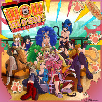 Rule 34 | 1boy, 6+girls, animal, animal ear headphones, animal ears, arcana heart, backpack, bag, battle fantasia, bell, bikini, black bikini, blazblue, blonde hair, blue eyes, blue hair, blue skirt, boots, bow, breasts, brown eyes, cammy white, cat, cat day, cat ears, cat tail, cham cham, cleavage, closed mouth, commentary request, coyori, crossover, daidouji kira, darkstalkers, dated, emilie de rochefort, english text, fake animal ears, felicia (darkstalkers), footwear bow, glasses, gloves, green hair, hair ornament, hand on another's head, headphones, highres, holding, holding animal, holding cat, japanese clothes, jingle bell, jubei (blazblue), kokonoe (blazblue), leona heidern, lucky chloe, multiple crossover, multiple girls, neco-arc, open mouth, pink bow, pink gloves, pink shoes, promacia, red footwear, salt (tekken), samurai spirits, shoes, signature, sitting, skirt, smile, street fighter, swimsuit, tail, tekken, tekken 7, the king of fighters, thighhighs, tsukihime, tsukihime (remake)