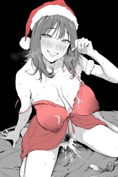 babydoll black_background blush breasts condom cum cum_on_body cum_on_breasts cum_on_upper_body female_pubic_hair highres holding holding_condom ichinose_(ichinose1592) large_breasts medium_hair on_bed pubic_hair red_babydoll see-through_clothes smile stray_pubic_hair sweat teeth used_condom wet_spot