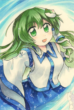 Rule 34 | 1girl, bad id, bad pixiv id, blue skirt, collared shirt, commentary request, detached sleeves, frog hair ornament, green eyes, green hair, hair ornament, hair tubes, highres, kochiya sanae, long hair, maa (forsythia1729), nontraditional miko, shirt, single hair tube, skirt, sleeveless, sleeveless shirt, snake hair ornament, solo, touhou, white shirt, wide sleeves