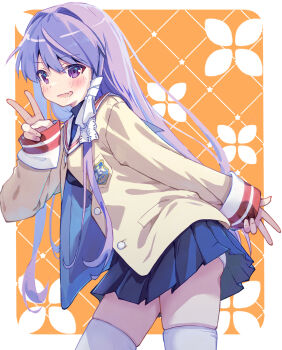 Rule 34 | 1girl, akayama yukihe, arm at side, ass, blazer, blue shirt, blue skirt, blush, border, buttons, clannad, commentary request, double v, fang, fujibayashi kyou, hair between eyes, hair intakes, hair ribbon, hand up, highres, hikarizaka private high school uniform, jacket, leaning forward, long hair, looking at viewer, miniskirt, open clothes, open jacket, open mouth, orange background, outside border, panties, panty peek, pleated skirt, purple eyes, purple hair, ribbon, sailor collar, school uniform, serafuku, shirt, sidelocks, simple background, skin fang, skindentation, skirt, sleeves past wrists, smile, solo, straight hair, thighhighs, tress ribbon, turtleneck, underwear, v, very long hair, white border, white panties, white ribbon, white sailor collar, white thighhighs, yellow jacket, zettai ryouiki
