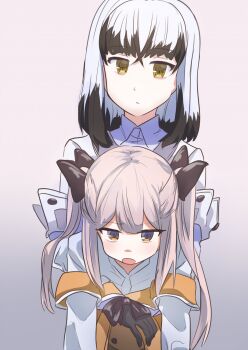 Rule 34 | 2girls, black bow, black bowtie, black gloves, black hair, blunt bangs, bow, bowtie, closed mouth, collared shirt, colored tips, commentary request, gloves, gradient background, hair ears, highres, jacket, long hair, long sleeves, looking at viewer, mashiko kaoru, mashitono desu, medium hair, multicolored hair, multiple girls, off shoulder, open mouth, orange eyes, orange jacket, origami family's special defense team uniform, osafune girls academy school uniform, pink hair, purple eyes, satsuki yomi, school uniform, shirt, sidelocks, simple background, standing, toji no miko, twintails, white hair, white jacket, white shirt, winter uniform