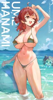 1girl :d ;d ahoge arm_up armpits ball beachball bikini blue_sky blush breasts brown_eyes brown_hair character_doll character_name commentary_request day doll double_bun gakuen_idolmaster gold_bikini hair_bun hanami_ume highres idolmaster large_breasts micro_bikini navel ocean one_eye_closed open_mouth outdoors short_hair sky smile solo standing string_bikini swimsuit wading water wet zzzearly