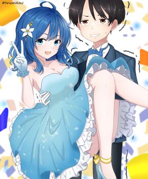 1boy 1girl :d absurdres black_hair blue_bow blue_bowtie blue_dress blue_eyes blue_hair blue_shoes bow bowtie breasts carrying carrying_person cleavage commentary_request confetti dress forced_smile gloves gradient_clothes gradient_dress hetero high_heels highres jacket large_breasts looking_at_viewer make_heroine_ga_oo_sugiru! medium_hair nukumizu_kazuhiko open_mouth princess_carry shirt shoes short_hair simple_background smile suit_jacket trembling tuxedo v wedding_dress white_gloves white_shirt yanami_anna yuruku_ikiru_ojisan