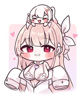 2girls bare_shoulders blonde_hair blush_stickers bra breasts chibi cleavage collarbone goddess_of_victory:_nikke gradient_hair grin hair_ornament hear heart_collar jackal_(nikke) large_breasts lingerie long_hair mming_(mmingis18) multicolored_hair multiple_girls pink_hair red_eyes shirt smile unbuttoned unbuttoned_shirt underwear viper_(nikke) viper_(shine_of_love)_(nikke) white_bra white_shirt