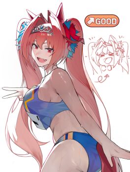 Rule 34 | 1girl, absurdres, animal ears, antenna hair, blue buruma, blue shirt, blush, bow, breasts, brown hair, brown tail, buruma, commentary, crop top, daiwa scarlet (umamusume), english commentary, fang, hair bow, hair intakes, highres, horse ears, horse girl, horse tail, large breasts, long hair, looking at viewer, ludus mio, multiple views, open mouth, red bow, shirt, sideboob, simple background, skin fang, smile, sweat, tail, tiara, twintails, umamusume, v, very long hair, white background