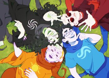 Rule 34 | 2boys, 2girls, animal ears, artist name, black hair, black skirt, black tunic, blue eyes, blue hood, blue pants, blue shirt, blue skin, closed mouth, colored skin, curly hair, dave strider, day, dog ears, earrings, fangs, glasses, god tier (homestuck), grass, green eyes, green skin, hairband, hand up, highres, holding hands, homestuck, indigonite, jade harley, jewelry, john egbert, laughing, long hair, long sleeves, lying, multiple boys, multiple girls, on back, on grass, on ground, open mouth, orange hood, orange pants, orange tunic, outdoors, outstretched hand, pants, purple eyes, purple lips, purple nails, purple skin, red hood, red shirt, red skin, rose lalonde, round eyewear, shirt, short hair, short sleeves, skirt, smile, sunglasses, tunic, white hair, yellow hairband