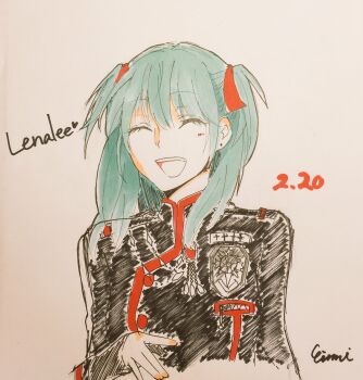 Rule 34 | 1girl, badge, black jacket, black order uniform, blush, breast pocket, buttons, chain, character name, closed eyes, cross, d.gray-man, earrings, english text, eyelashes, facing viewer, graphite (medium), green hair, hair between eyes, hair over shoulder, hair ribbon, heart, highres, jacket, jewelry, lenalee lee, long hair, military, military uniform, omuretsu mito2, open mouth, parted bangs, pocket, red ribbon, ribbon, sidelocks, signature, simple background, smile, solo, striped clothes, striped jacket, stud earrings, traditional media, turtleneck, turtleneck jacket, two side up, upper body, vertical-striped clothes, vertical-striped jacket, white background, zipper