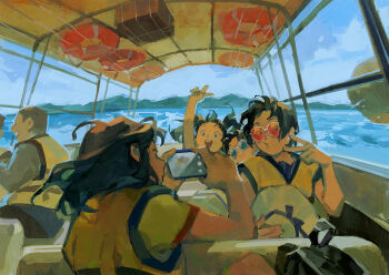 arm_up blue-tinted_eyewear blue_sky boat child commentary floating_hair hat holding holding_phone holding_unworn_clothes holding_unworn_hat life_vest loveariddle medium_hair ocean orange-tinted_eyewear original phone short_hair sitting sky slice_of_life smile symbol-only_commentary taking_picture tinted_eyewear twintails unworn_hat unworn_headwear v watercraft