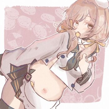 1girl apron artist_request ascot belly beret black_skirt black_thighhighs bow bready_(nikke) breasts brown_eyes brown_hair candy crop_top dutch_angle food goddess_of_victory:_nikke hair_bow hair_over_shoulder hand_on_own_chest hat lollipop lollipop_in_mouth long_hair low_twintails medium_breasts midriff miniskirt mira_(nk_mirarara) navel plump shirt skindentation skirt solo standing thighhighs twintails white_apron white_hat white_shirt yellow_bow zettai_ryouiki