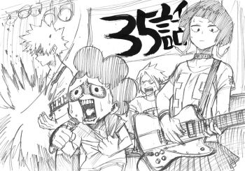 10s 1girl 3boys bakugou_katsuki band_(music) belt boku_no_hero_academia choker collarbone electric_guitar explosion failure graphite_(medium) greyscale guitar horikoshi_kouhei instrument jiro_kyoka kaminari_denki md5_mismatch mineta_minoru monochrome multicolored_hair multiple_boys music open_mouth playing_instrument pleated_skirt plug resized shaded_face shirt short_hair singing skirt stage streaked_hair sweat sweatdrop traditional_media