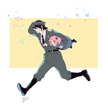 Rule 34 | 1boy, 1girl, absurdres, anya (spy x family), arm up, awarinko, belt, black belt, black boots, black hair, black necktie, boots, brown background, carrying, carrying under arm, coat, green eyes, grey coat, grey hat, grey jacket, grey pants, hairpods, hand on headwear, hat, highres, horn ornament, horns, jacket, military hat, necktie, pants, peaked cap, pink hair, running, signature, spy x family, sweatdrop, twitter username, two-tone background, white background, yuri briar