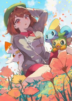 1girl :o absurdres arm_behind_head arm_up between_legs blue_sky bob_cut brown_hair cable_knit cardigan commentary_request dress field flower flower_field gara_(qbeuxvii22) gen_8_pokemon gloria_(pokemon) green_hat grey_cardigan grookey hand_between_legs hat highres hood hooded_cardigan looking_at_viewer monkey nintendo pink_dress pokemon pokemon_(creature) pokemon_swsh rabbit scorbunny sitting sky sobble starter_pokemon_trio tam_o&#039;_shanter wariza