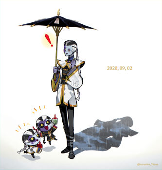 ! 7kusa_suzushiro :d bandaged_leg bandages black_hair black_pants black_sclera braid bubble_tea chibi chinese_clothes colored_sclera colored_skin dated facial_mark fan_wujiu grey_skin hair_pulled_back highres holding holding_umbrella identity_v looking_at_another male_focus mini_wu_chang multicolored_hair open_mouth pants single_braid size_difference smile twitter_username two-tone_hair umbrella white_hair wu_chang xie_bi&#039;an yellow_eyes
