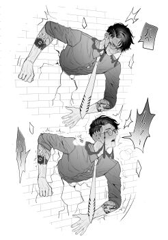 1boy absurdres anger_vein arm_tattoo blush collared_shirt corbeau_(pokemon) full-face_blush glasses greyscale haze_(ha_ze) highres long_sleeves male_focus monochrome multiple_views necktie nintendo open_mouth parted_lips pokemon pokemon_legends:_z-a round_eyewear running_bond shirt short_hair spoken_anger_vein stuck tattoo through_wall trembling