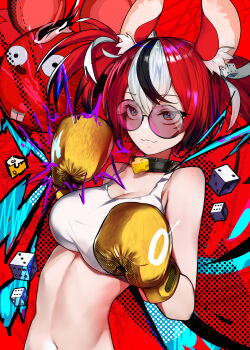 1girl abstract_background animal_ear_fluff animal_ears boxing_gloves breasts cheese choker cleavage commentary dice dice_hair_ornament food glasses hair_ornament hakos_baelz halloween_baelz highres hololive hololive_english linea_alba medium_breasts mouse_ears mouse_girl multicolored_hair navel nin_fake red_background red_hair round_eyewear stomach streaked_hair tank_top virtual_youtuber