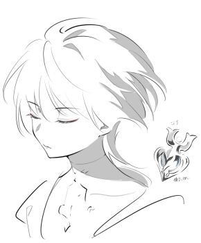 1boy blunt_ends bodysuit choppy_bangs closed_eyes commentary_request core covered_collarbone cropped_torso eyelashes eyeliner facing_to_the_side genshin_impact greyscale highres makeup male_focus monochrome parted_lips portrait red_eyeliner scaramouche_(genshin_impact) shitake_bakudan sketch solo spot_color translation_request turtleneck turtleneck_bodysuit wanderer_(genshin_impact) white_background