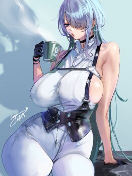 1girl arm_support bare_shoulders black_choker black_corset black_gloves blue_eyes breasts brid_(nikke) brid_(silent_track)_(nikke) chest_harness choker colored_inner_hair commentary corset cup english_commentary gloves goddess_of_victory:_nikke hair_over_one_eye half_gloves harness highres holding holding_cup large_breasts mug multicolored_hair nava_(supernava) open_mouth pants sideless_shirt signature solo thick_thighs thighs tight_clothes tight_pants white_hair white_pants