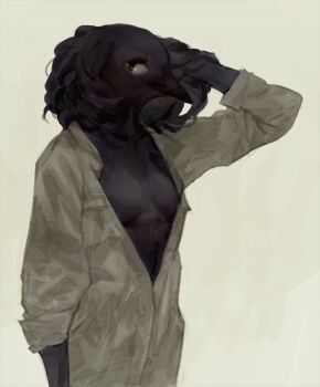 1girl arm_up bird_boy black_eyes black_feathers breasts commentary_request cowboy_shot feathers furry furry_female green_background grey_jumpsuit hand_in_own_hair jumpsuit looking_at_viewer nagabe original simple_background small_breasts solo