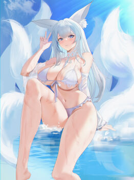 1girl absurdres animal_ear_fluff animal_ears azur_lane bikini blue_eyes blue_sky breasts cleavage cloud cloudy_sky commentary day feet_out_of_frame fox_ears fox_girl fox_tail highres kitsune kyuubi large_breasts large_tail lirongrong long_hair long_sleeves looking_at_viewer multiple_tails navel official_alternate_costume outdoors see-through_clothes see-through_sleeves shinano_(azur_lane) shinano_(dreamy_white_sands)_(azur_lane) sky solo swimsuit tail wading white_bikini white_hair white_tail