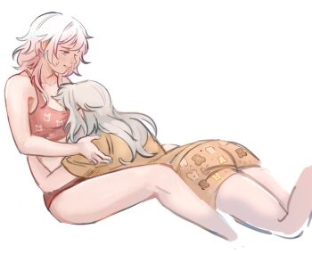 2girls bare_legs between_breasts blue_nails blush breasts cleavage closed_mouth commentary crop_top face_between_breasts grey_hair hand_on_another&#039;s_shoulder hashtag-only_commentary head_between_breasts honkai:_star_rail honkai_(series) long_hair march_7th_(honkai:_star_rail) multiple_girls pajamas panties pink_hair pink_panties pink_tank_top shirt shorts simple_background stelle_(honkai:_star_rail) sweatdrop tank_top trailblazer_(honkai:_star_rail) umilini2 underwear white_background yellow_shirt yellow_shorts yuri