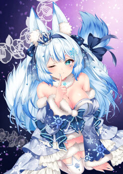 Rule 34 | 1girl, ;), animal ear fluff, animal ears, black hairband, blue eyes, blue hair, blue nails, blue sleeves, breasts, cleavage, closed mouth, commission, crown, detached sleeves, full body, fur-trimmed sleeves, fur-trimmed thighhighs, fur trim, grey hair, hairband, hand up, juliet sleeves, kneeling, large breasts, long hair, long sleeves, mini crown, multicolored hair, nail polish, nogi takayoshi, one eye closed, original, puffy sleeves, skeb commission, sleeves past wrists, smile, solo, streaked hair, tail, thighhighs, tilted headwear, very long hair, white thighhighs, wide sleeves