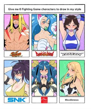 Rule 34 | 1boy, 5girls, alex (street fighter), animal ears, black hair, blonde hair, blue eyes, breasts, cat ears, condom, condom in mouth, condom wrapper, dixie clemets, dizzy (guilty gear), felicia (darkstalkers), guilty gear, guilty gear xrd, highres, kazama asuka, large breasts, leona heidern, long hair, mouth hold, multiple girls, muscular, muscular male, rumble roses, sairam gutierrez, street fighter, tekken, the king of fighters, topless male, darkstalkers, white fur